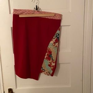Red patterned midi skirt, asymmetrical hem, size 8